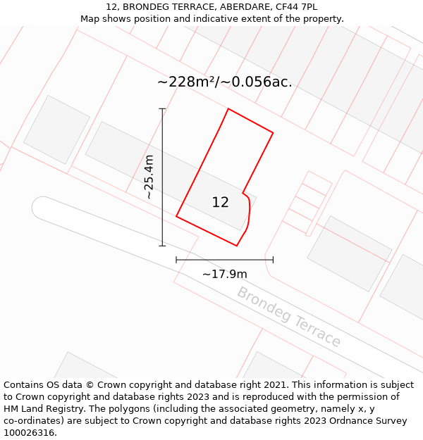 12, BRONDEG TERRACE, ABERDARE, CF44 7PL: Plot and title map