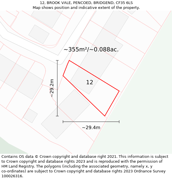 12, BROOK VALE, PENCOED, BRIDGEND, CF35 6LS: Plot and title map