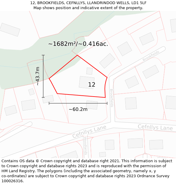 12, BROOKFIELDS, CEFNLLYS, LLANDRINDOD WELLS, LD1 5LF: Plot and title map