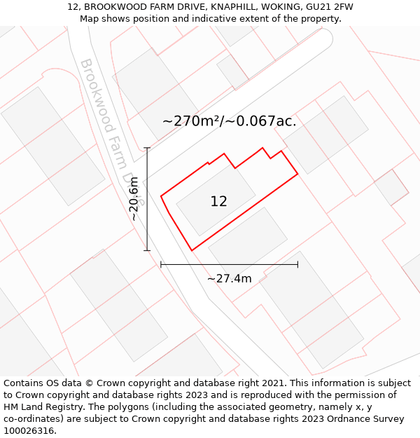 12, BROOKWOOD FARM DRIVE, KNAPHILL, WOKING, GU21 2FW: Plot and title map