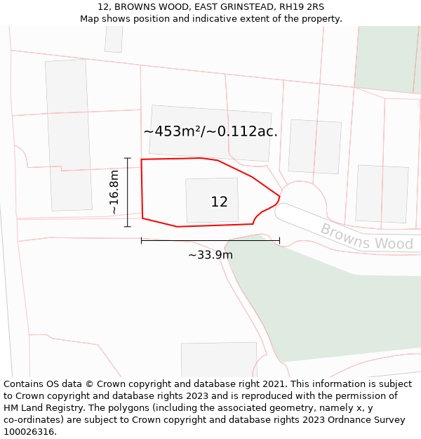 12, BROWNS WOOD, EAST GRINSTEAD, RH19 2RS: Plot and title map