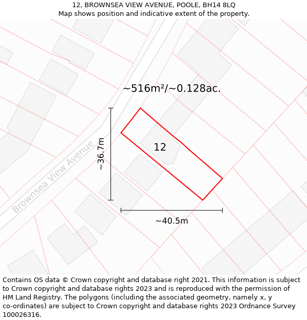 12, BROWNSEA VIEW AVENUE, POOLE, BH14 8LQ: Plot and title map
