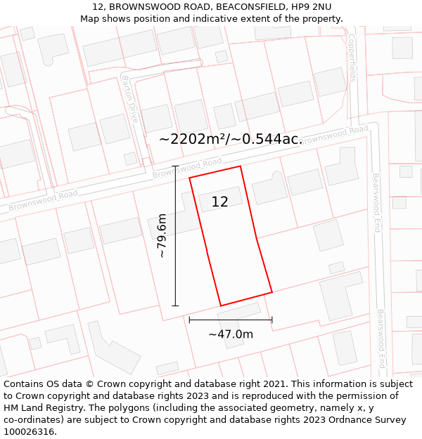 12, BROWNSWOOD ROAD, BEACONSFIELD, HP9 2NU: Plot and title map