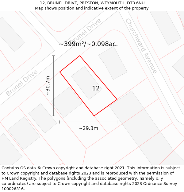 12, BRUNEL DRIVE, PRESTON, WEYMOUTH, DT3 6NU: Plot and title map