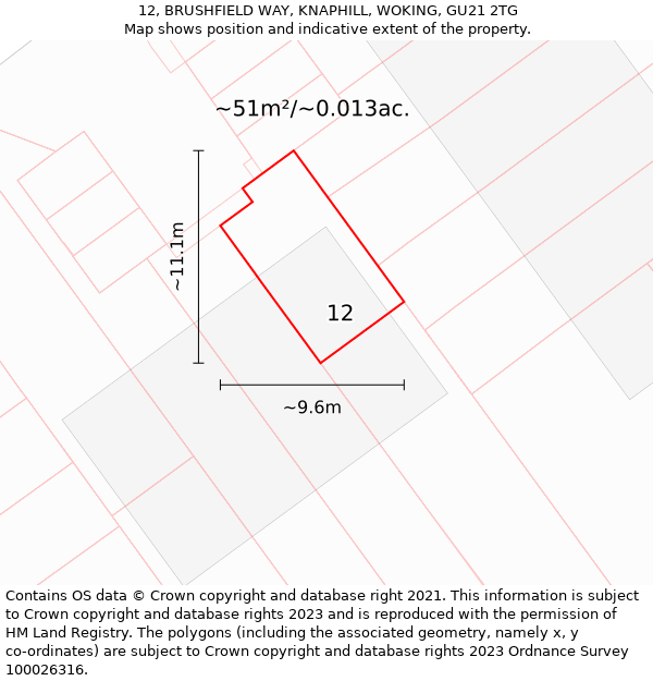 12, BRUSHFIELD WAY, KNAPHILL, WOKING, GU21 2TG: Plot and title map