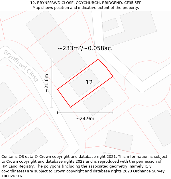 12, BRYNFFRWD CLOSE, COYCHURCH, BRIDGEND, CF35 5EP: Plot and title map