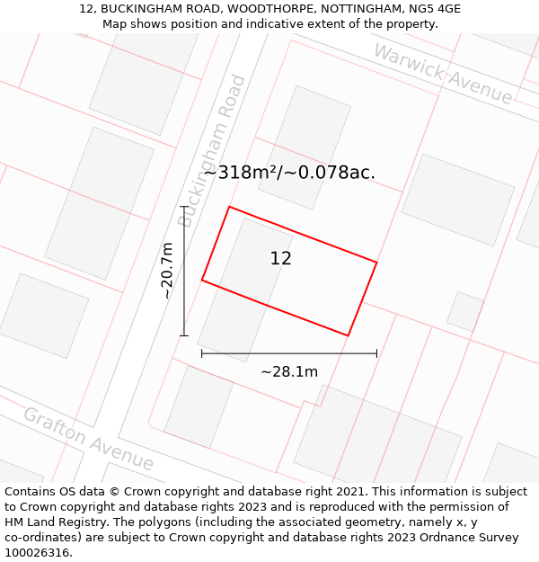 12, BUCKINGHAM ROAD, WOODTHORPE, NOTTINGHAM, NG5 4GE: Plot and title map