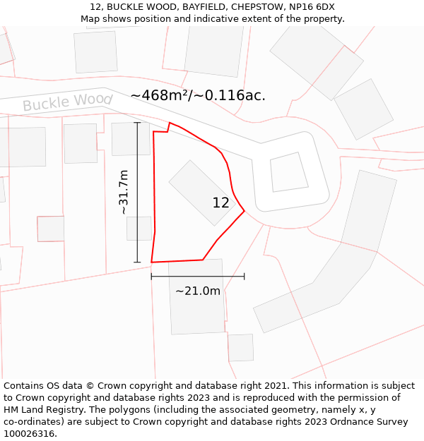 12, BUCKLE WOOD, BAYFIELD, CHEPSTOW, NP16 6DX: Plot and title map