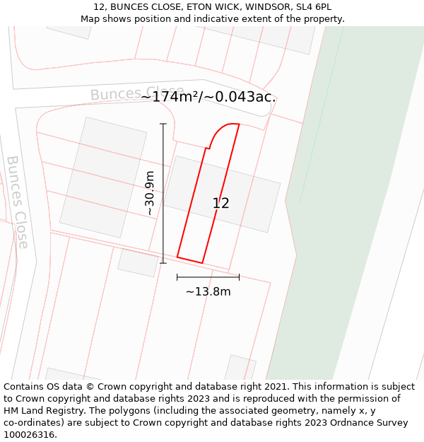 12, BUNCES CLOSE, ETON WICK, WINDSOR, SL4 6PL: Plot and title map