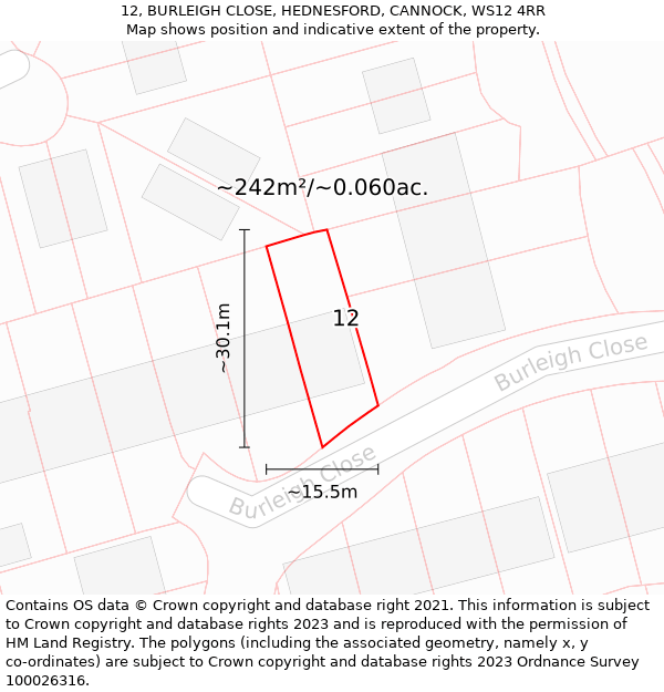 12, BURLEIGH CLOSE, HEDNESFORD, CANNOCK, WS12 4RR: Plot and title map