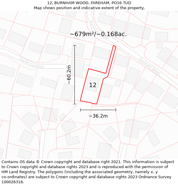 12, BURNHAM WOOD, FAREHAM, PO16 7UD: Plot and title map