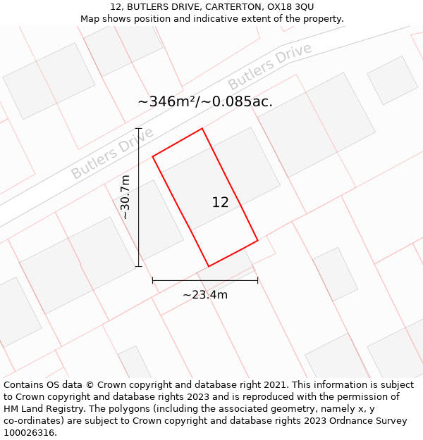 12, BUTLERS DRIVE, CARTERTON, OX18 3QU: Plot and title map