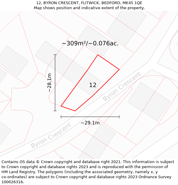 12, BYRON CRESCENT, FLITWICK, BEDFORD, MK45 1QE: Plot and title map