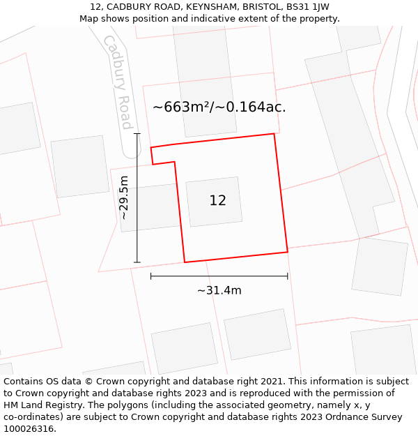 12, CADBURY ROAD, KEYNSHAM, BRISTOL, BS31 1JW: Plot and title map