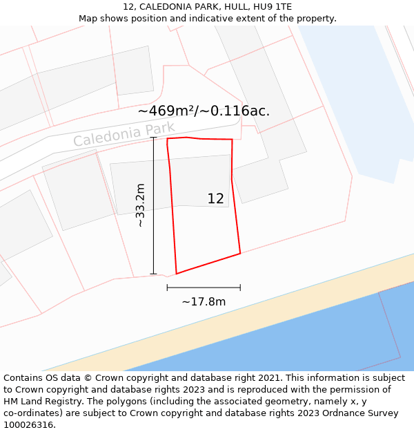 12, CALEDONIA PARK, HULL, HU9 1TE: Plot and title map