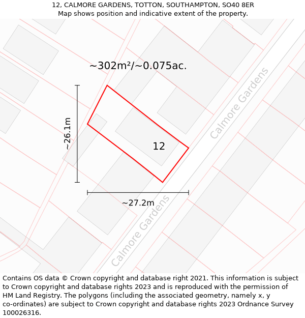 12, CALMORE GARDENS, TOTTON, SOUTHAMPTON, SO40 8ER: Plot and title map