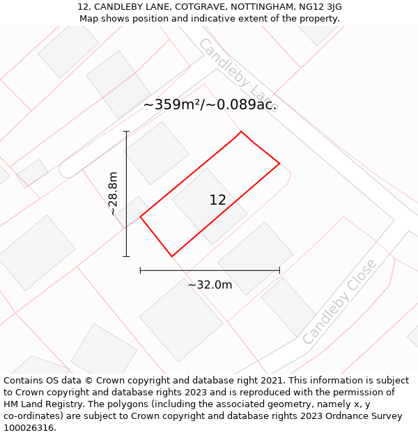 12, CANDLEBY LANE, COTGRAVE, NOTTINGHAM, NG12 3JG: Plot and title map