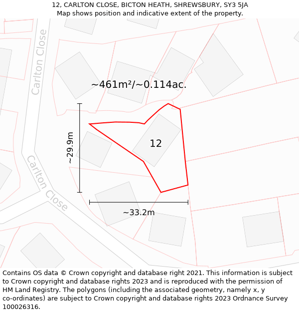 12, CARLTON CLOSE, BICTON HEATH, SHREWSBURY, SY3 5JA: Plot and title map