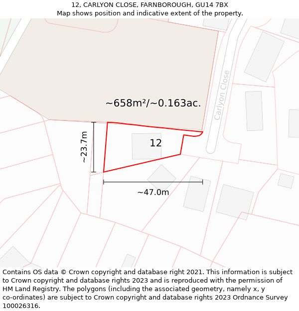 12, CARLYON CLOSE, FARNBOROUGH, GU14 7BX: Plot and title map