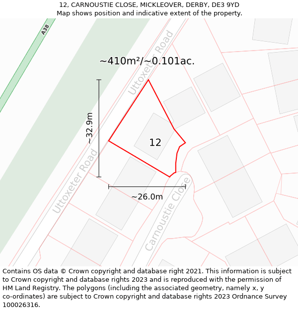 12, CARNOUSTIE CLOSE, MICKLEOVER, DERBY, DE3 9YD: Plot and title map