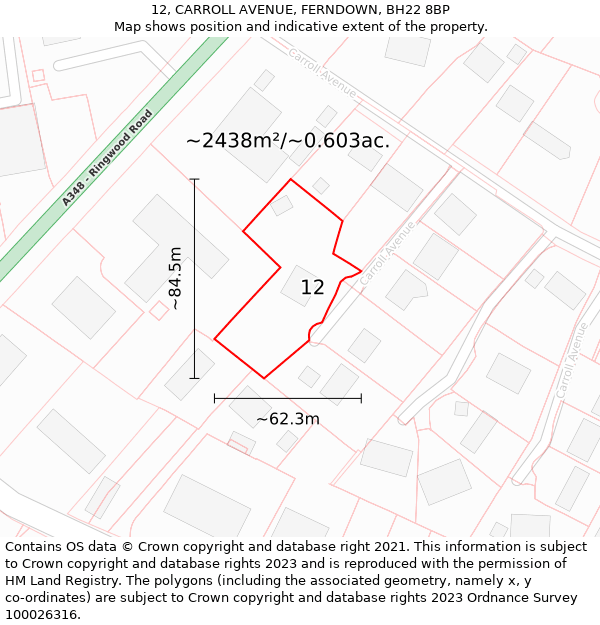 12, CARROLL AVENUE, FERNDOWN, BH22 8BP: Plot and title map