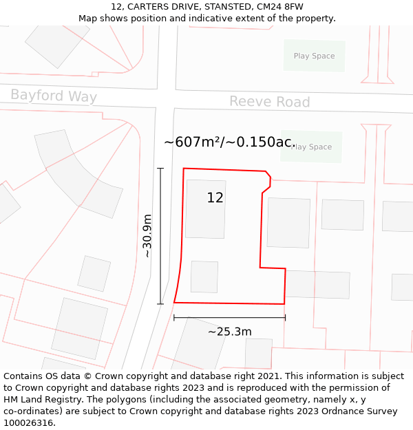 12, CARTERS DRIVE, STANSTED, CM24 8FW: Plot and title map