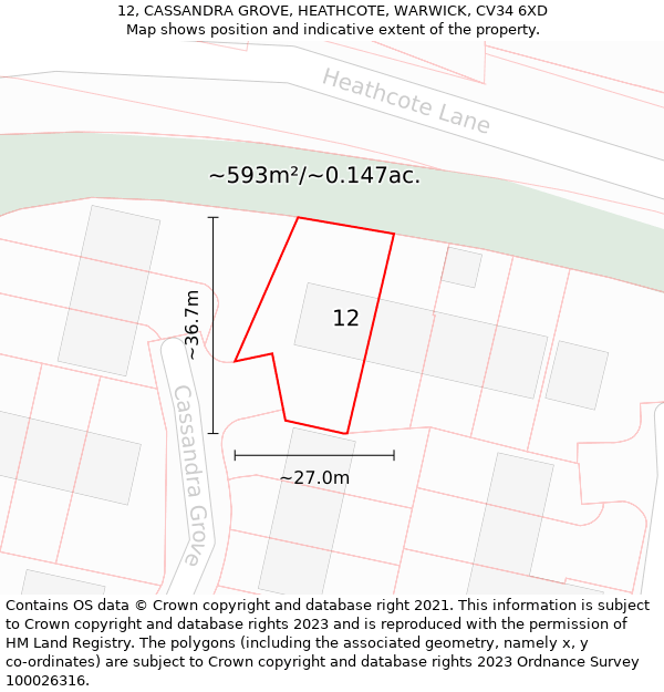 12, CASSANDRA GROVE, HEATHCOTE, WARWICK, CV34 6XD: Plot and title map