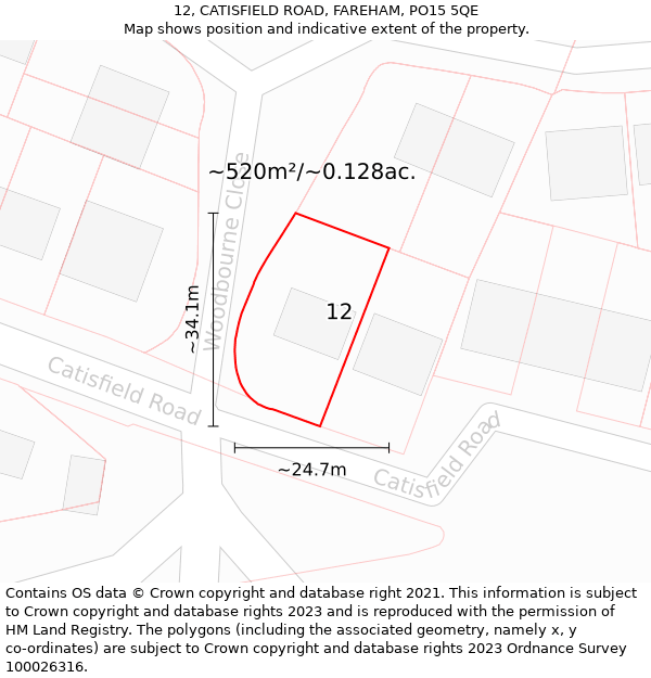 12, CATISFIELD ROAD, FAREHAM, PO15 5QE: Plot and title map