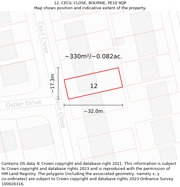 12, CECIL CLOSE, BOURNE, PE10 9QP: Plot and title map