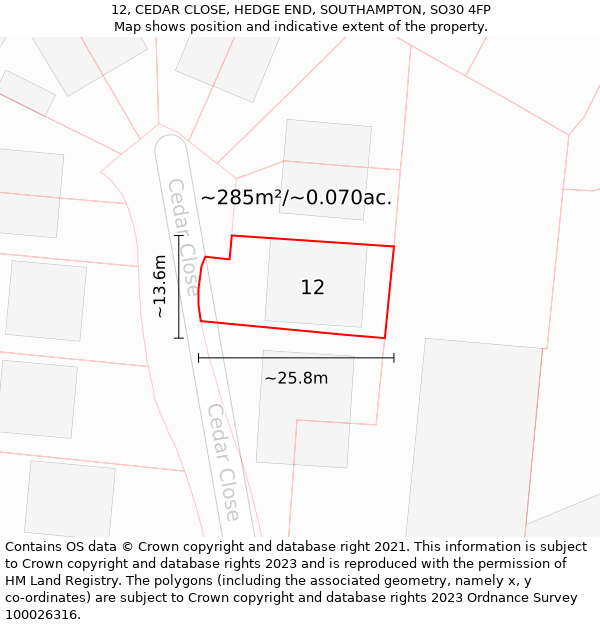 12, CEDAR CLOSE, HEDGE END, SOUTHAMPTON, SO30 4FP: Plot and title map