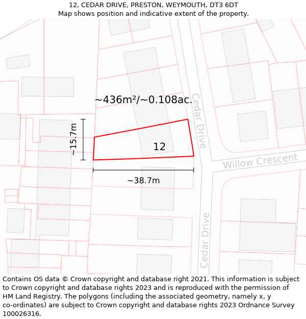 12, CEDAR DRIVE, PRESTON, WEYMOUTH, DT3 6DT: Plot and title map