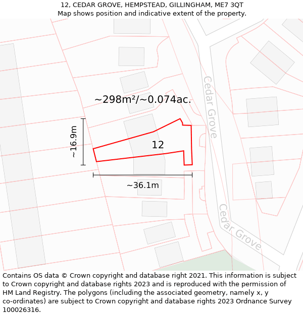 12, CEDAR GROVE, HEMPSTEAD, GILLINGHAM, ME7 3QT: Plot and title map