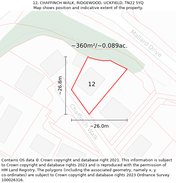 12, CHAFFINCH WALK, RIDGEWOOD, UCKFIELD, TN22 5YQ: Plot and title map