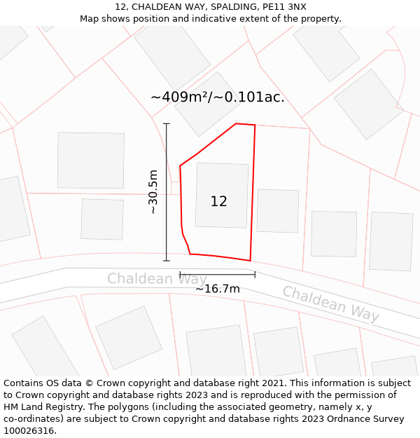 12, CHALDEAN WAY, SPALDING, PE11 3NX: Plot and title map