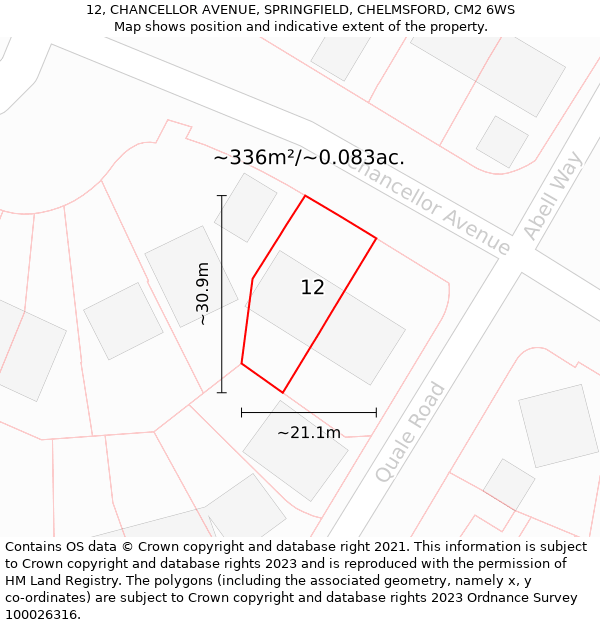 12, CHANCELLOR AVENUE, SPRINGFIELD, CHELMSFORD, CM2 6WS: Plot and title map