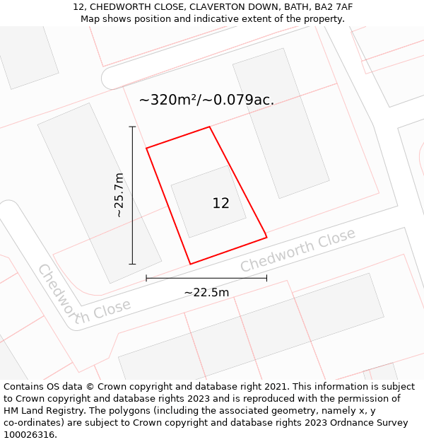 12, CHEDWORTH CLOSE, CLAVERTON DOWN, BATH, BA2 7AF: Plot and title map