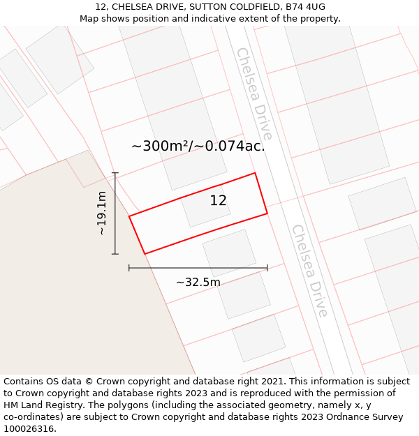 12, CHELSEA DRIVE, SUTTON COLDFIELD, B74 4UG: Plot and title map