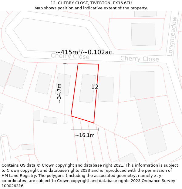 12, CHERRY CLOSE, TIVERTON, EX16 6EU: Plot and title map