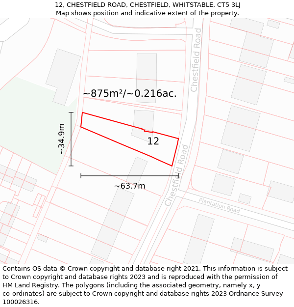 12, CHESTFIELD ROAD, CHESTFIELD, WHITSTABLE, CT5 3LJ: Plot and title map