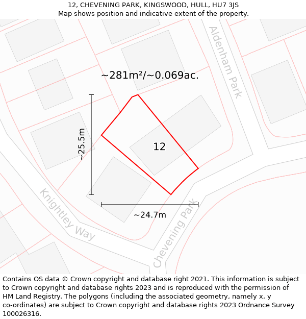 12, CHEVENING PARK, KINGSWOOD, HULL, HU7 3JS: Plot and title map