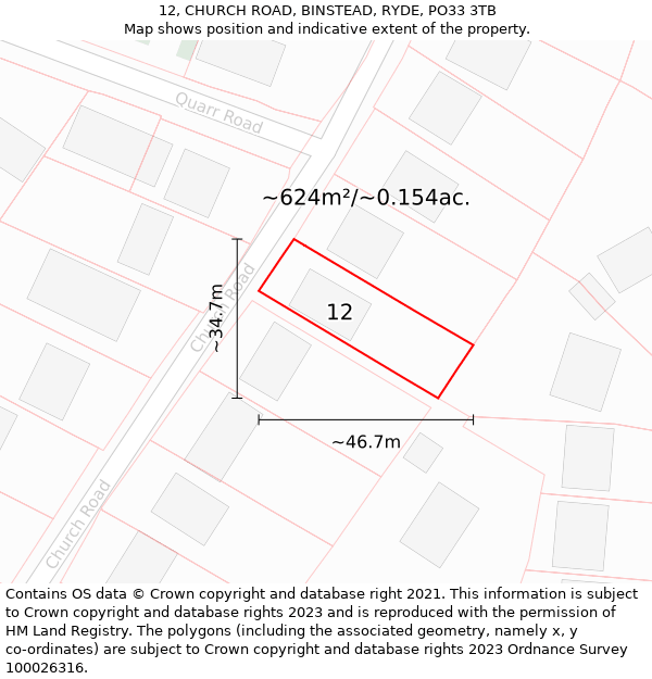 12, CHURCH ROAD, BINSTEAD, RYDE, PO33 3TB: Plot and title map