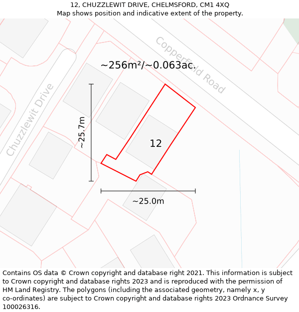 12, CHUZZLEWIT DRIVE, CHELMSFORD, CM1 4XQ: Plot and title map