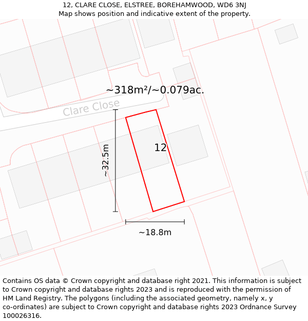 12, CLARE CLOSE, ELSTREE, BOREHAMWOOD, WD6 3NJ: Plot and title map