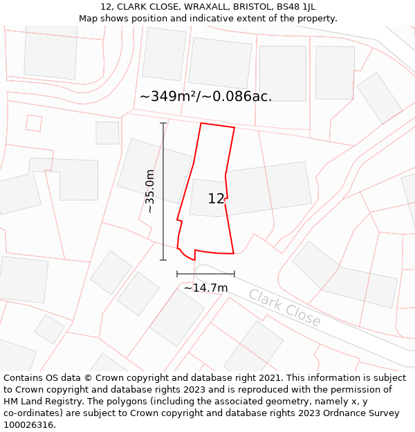 12, CLARK CLOSE, WRAXALL, BRISTOL, BS48 1JL: Plot and title map