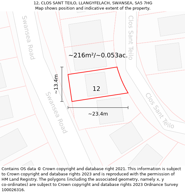 12, CLOS SANT TEILO, LLANGYFELACH, SWANSEA, SA5 7HG: Plot and title map