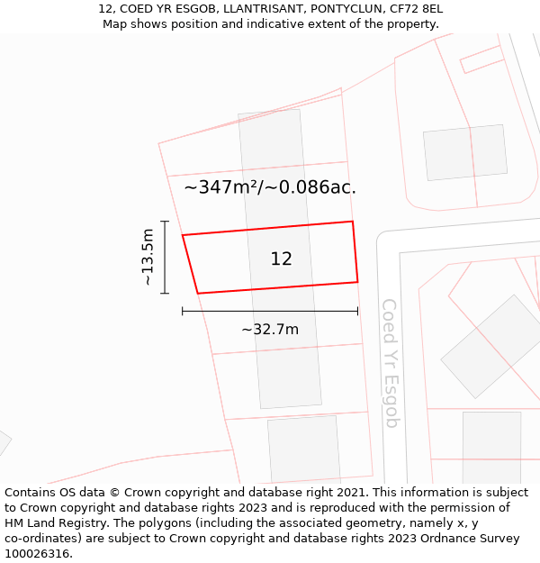 12, COED YR ESGOB, LLANTRISANT, PONTYCLUN, CF72 8EL: Plot and title map