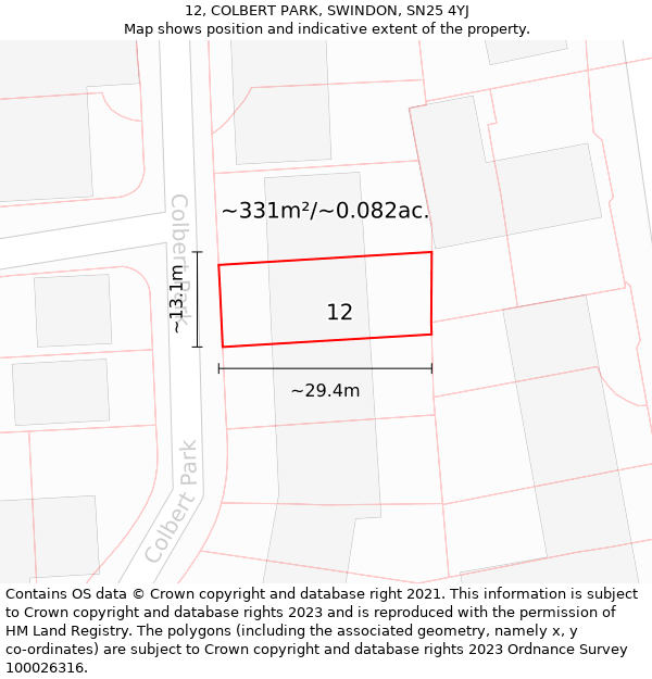 12, COLBERT PARK, SWINDON, SN25 4YJ: Plot and title map