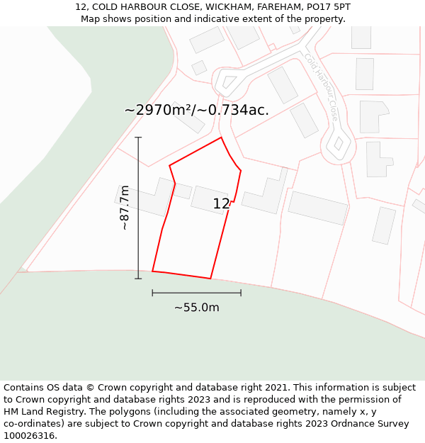 12, COLD HARBOUR CLOSE, WICKHAM, FAREHAM, PO17 5PT: Plot and title map