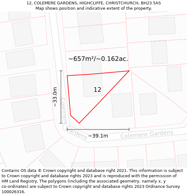 12, COLEMERE GARDENS, HIGHCLIFFE, CHRISTCHURCH, BH23 5AS: Plot and title map