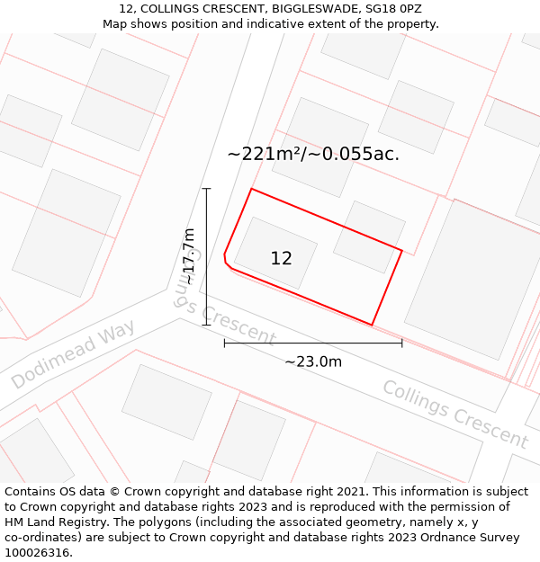 12, COLLINGS CRESCENT, BIGGLESWADE, SG18 0PZ: Plot and title map